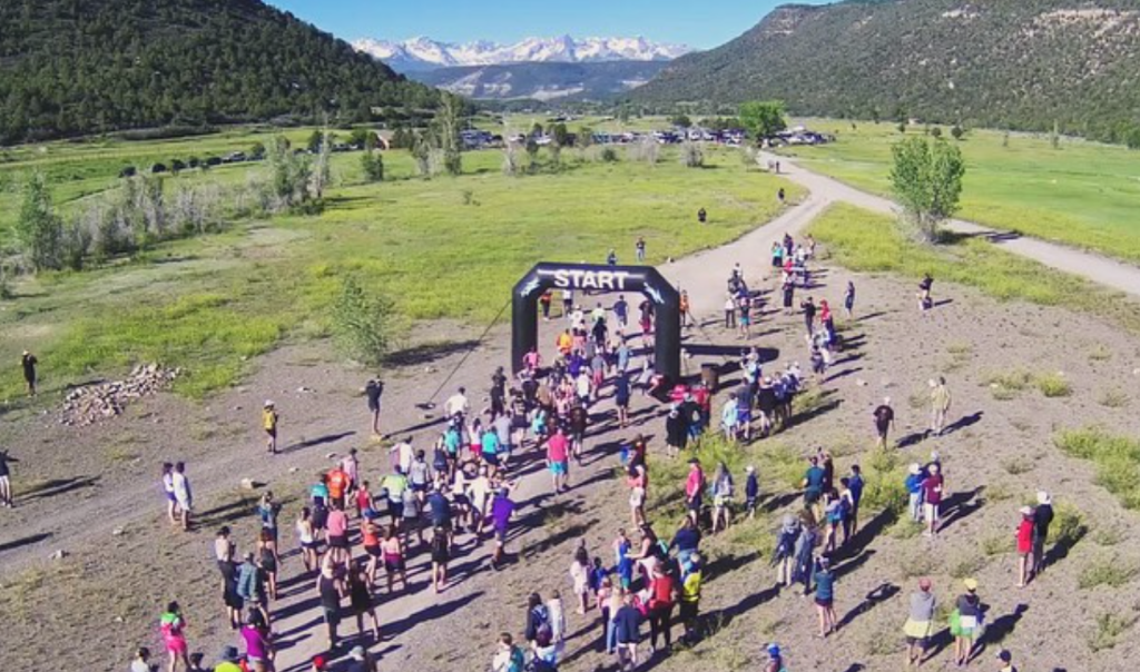 Aerial view of the start of the San Juan Trail Tri triathlon in Ridgway near Chipeta Lodge Resort + Spa