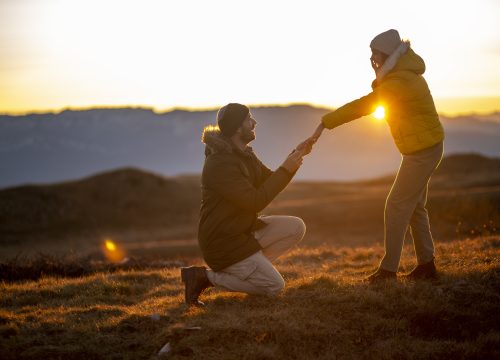 Wedding proposal at sunset in the mountains near Chipeta Lodge Resort + Spa