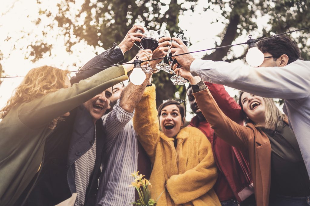 Group of friends toasting with wine glasses outdoors, enjoying a festive moment.