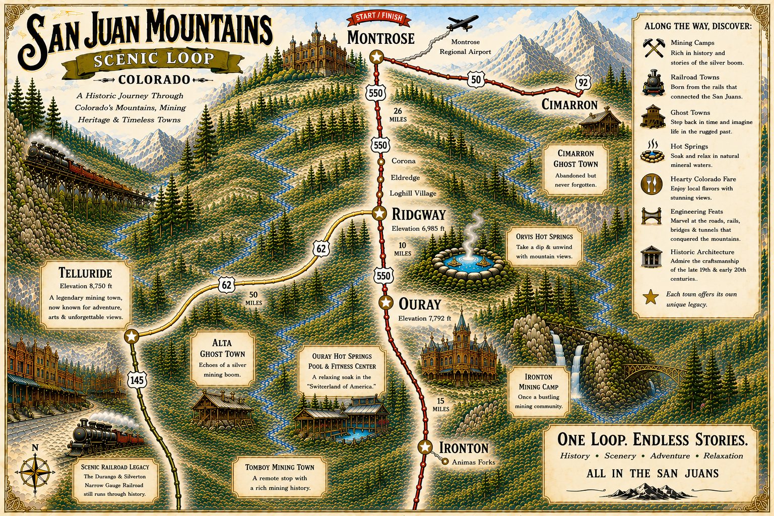 Map of a San Juan Mountains Scenic Loop, centered around Ridgway and the Chipeta Lodge Resort + Spa