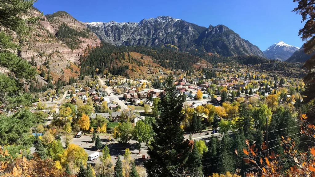 View of downtown Ouray from the Perimeter Trail, near Chipeta Lodge Resort + Spa