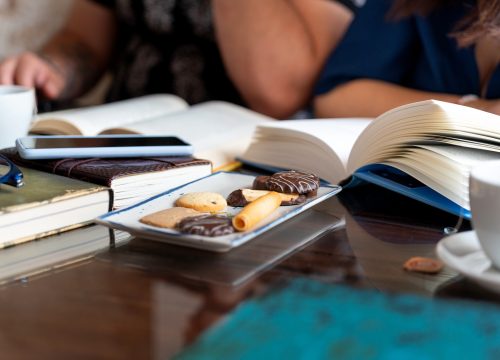 Enjoying books, discussion, coffee and cookies at Chipeta Lodge Resort + Spa